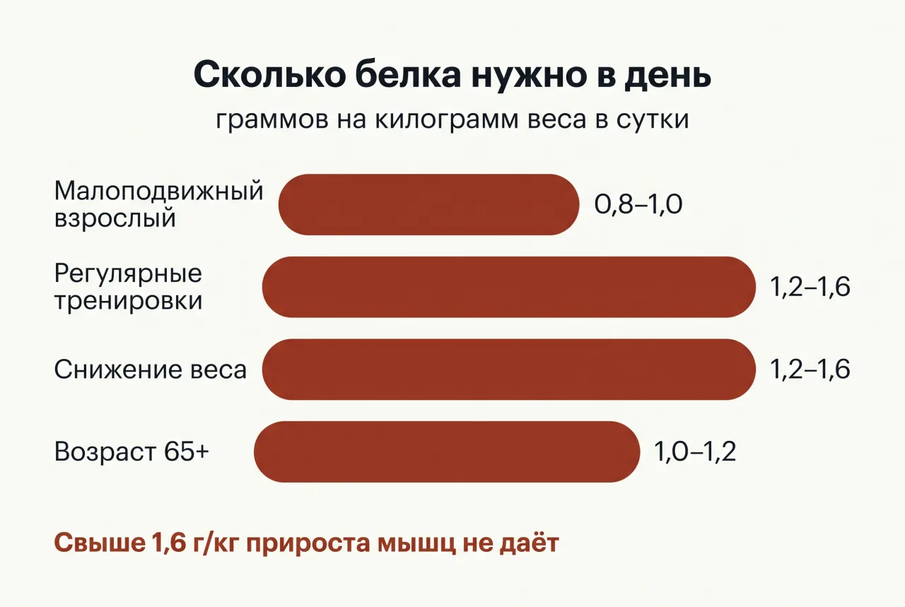 Сколько белка нужно в день: малоподвижный взрослый 0,8–1,0 г/кг, регулярные тренировки 1,2–1,6, снижение веса 1,2–1,6, возраст 65+ 1,0–1,2