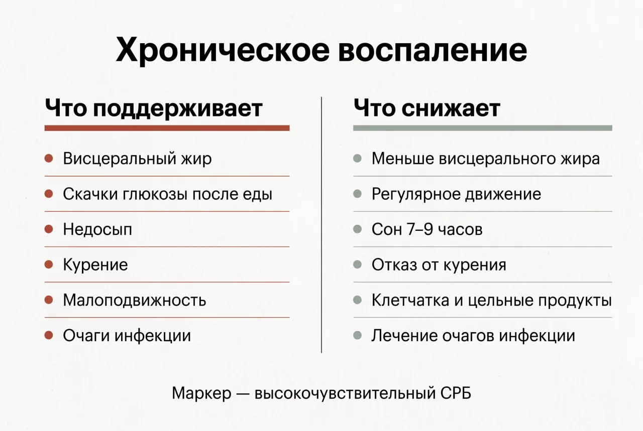Что поддерживает хроническое воспаление: висцеральный жир, скачки глюкозы, недосып, курение, малоподвижность, очаги инфекции. Что снижает: меньше висцерального жира, движение, сон 7–9 часов, отказ от курения, клетчатка, лечение очагов инфекции