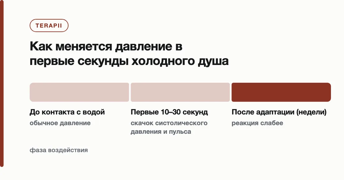 Как меняется давление в первые секунды холодного душа: До контакта с водой обычное давление, Первые 10–30 секунд скачок систолического давления и пульса, После адаптации (недели) реакция слабее