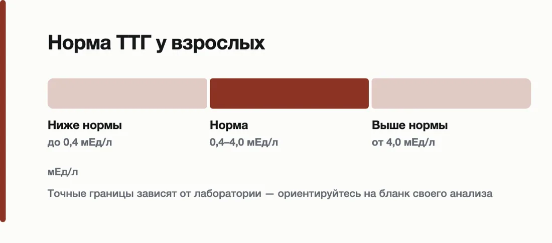 Норма ТТГ у взрослых: Ниже нормы до 0,4 мЕд/л, Норма 0,4–4,0 мЕд/л, Выше нормы от 4,0 мЕд/л